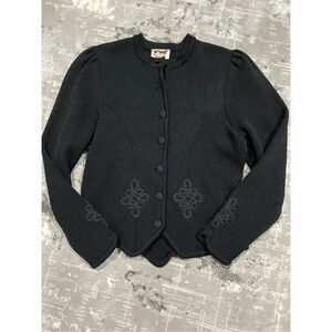 Size L/12/42, black vintage Astrifa 100% wool cardigan black rose style buttons.